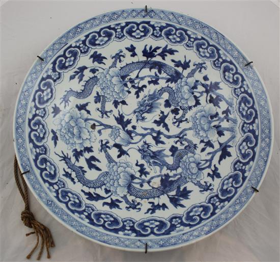 A Chinese blue and white dragon charger, 19th century, diam. 47cm